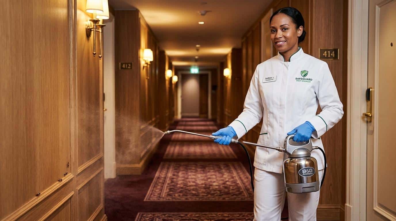Agent Safeguard désinfecte couloir hôtel avec équipement professionnel
