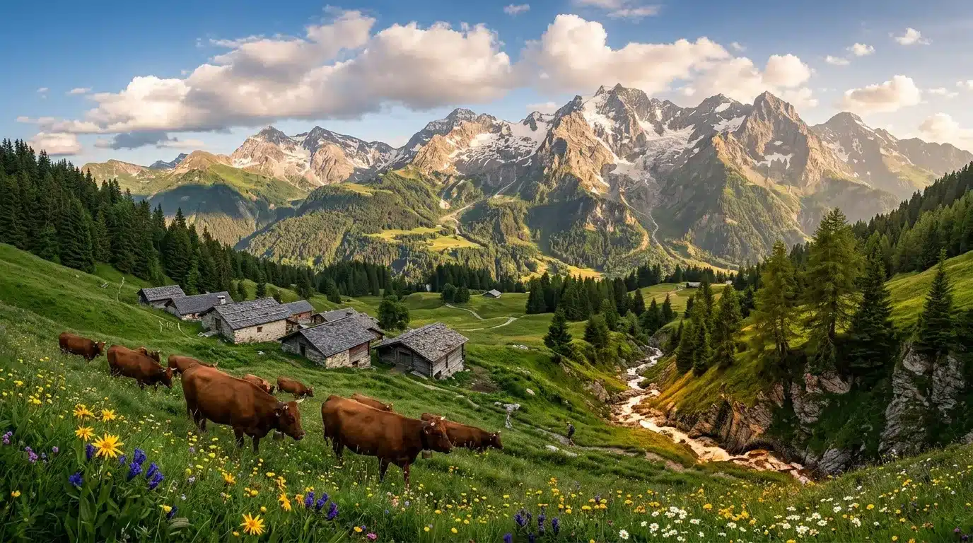 Vaches broutent dans un alpage face aux montagnes enneigées