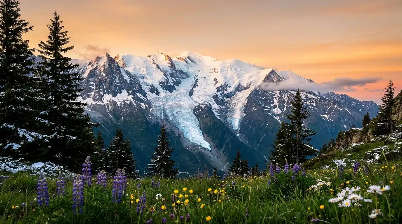 Montagnes enneigées, fleurs alpines, sapins, ciel doré