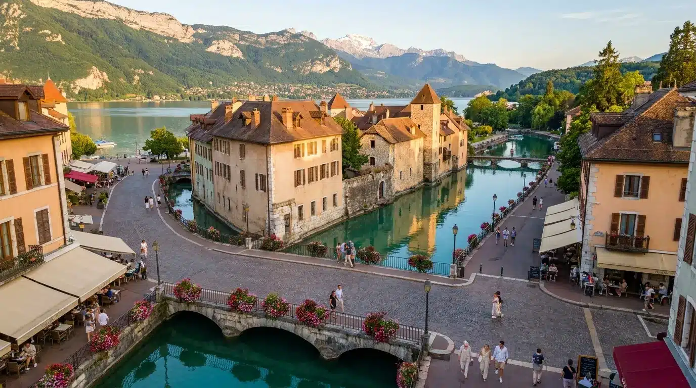 Vue aérienne de la vieille ville d'Annecy avec ses canaux et montagnes
