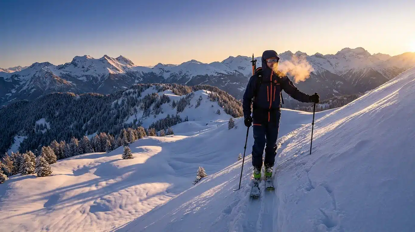 Skieur de randonnée montant une pente enneigée en montagne