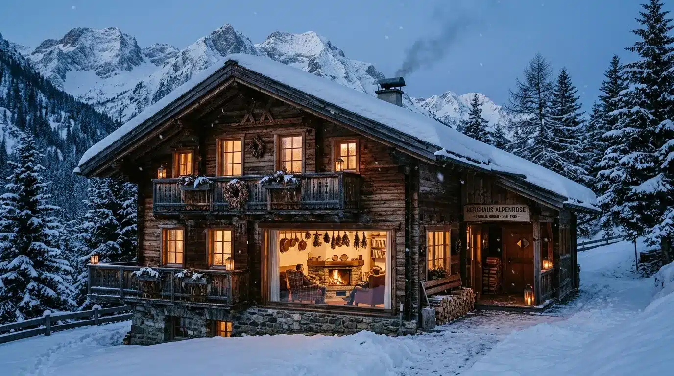 Chalet illuminé dans les Alpes enneigées avec montagnes en arrière-plan