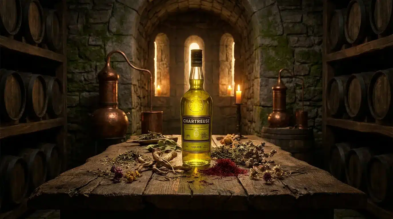 Bouteille de Chartreuse dans une cave médiévale avec alambics.