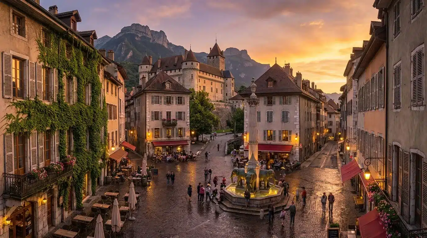 Place médiévale illuminée avec château et montagnes au coucher soleil