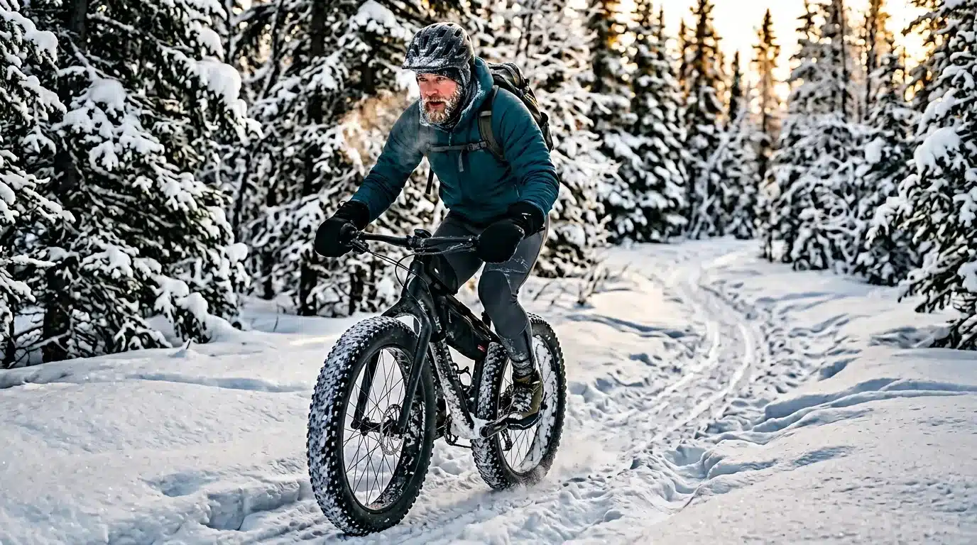 Cycliste barbu en vélo fat bike sur neige en forêt
