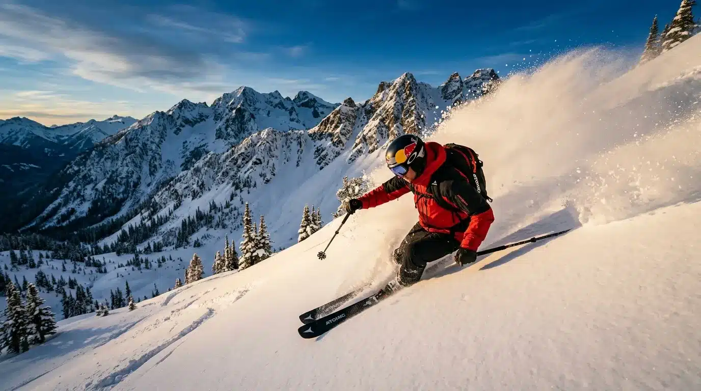 Skieur en veste rouge dévalant une pente enneigée alpine