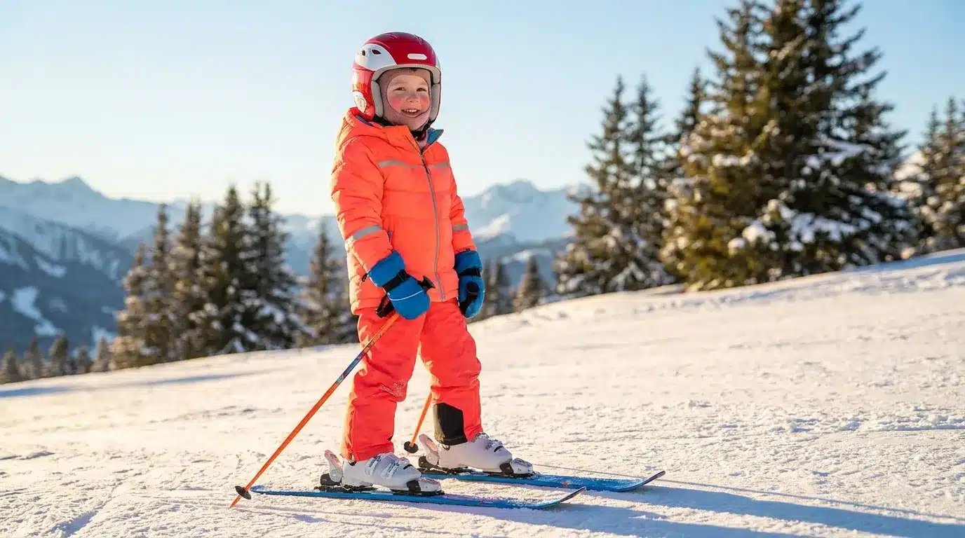 Jeune enfant en tenue rouge ski en montagne