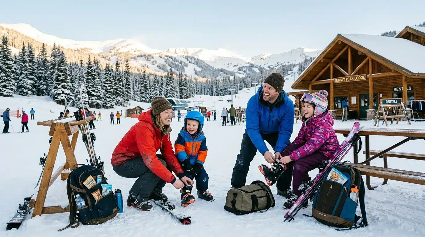 Famille heureuse prenant une pause ski à la montagne