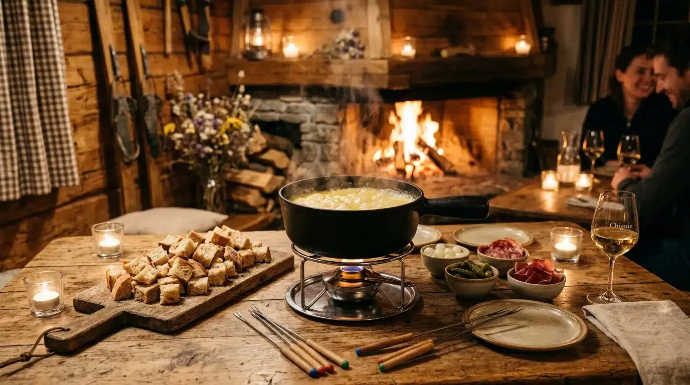 Table rustique avec fondue, pain, charcuterie et vin blanc