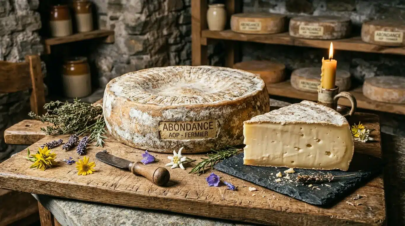Fromage Abondance entier et tranché, fleurs, herbes aromatiques