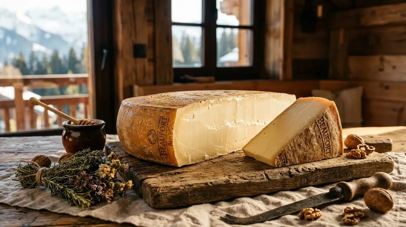 Fromages artisanaux sur planche bois avec herbes et noix