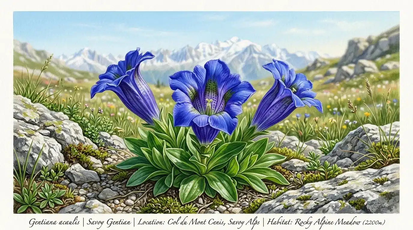 Fleurs bleues de gentiane dans prairie alpine rocheuse montagneuse
