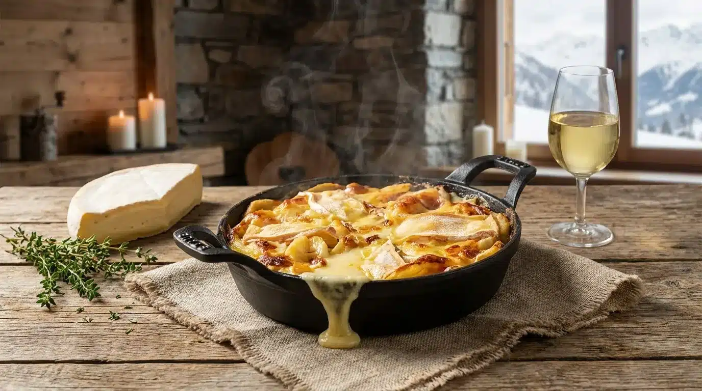 Gratin doré en cocotte avec fromage et vin blanc, décor alpin