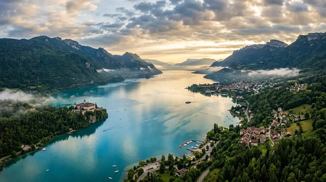 Vue aérienne d'un lac turquoise avec château, montagnes et villages alpins