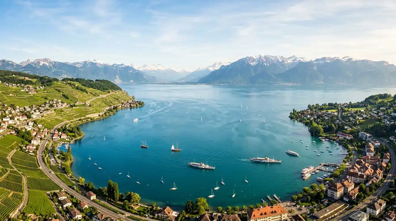 Vue aérienne du lac Léman avec montagnes enneigées et villages côtiers