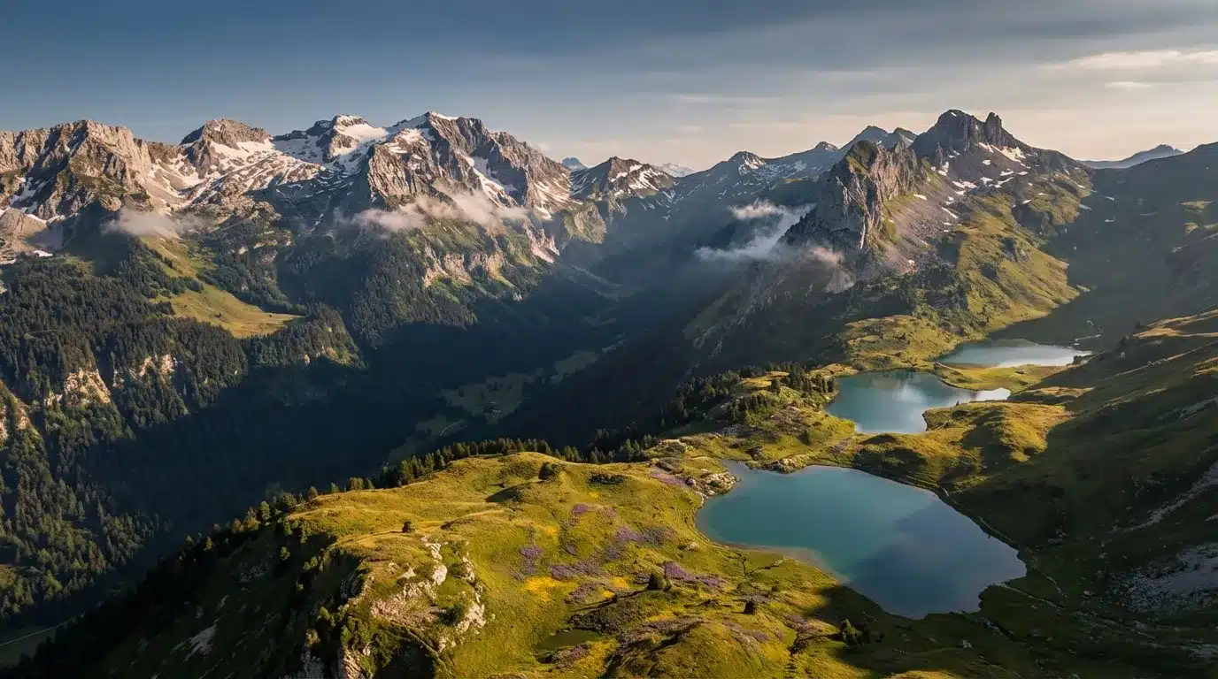 Montagnes enneigées, lacs turquoise et prairies vertes alpines