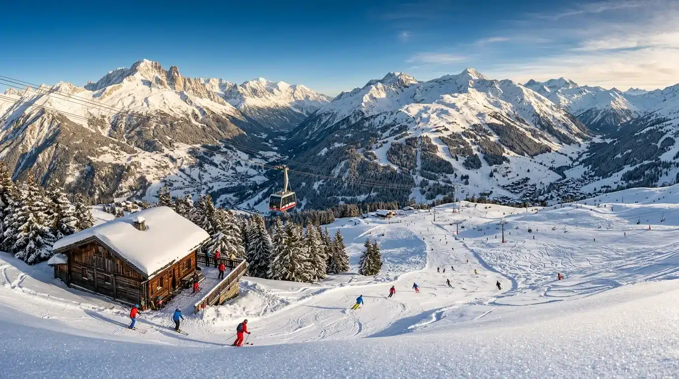 Station de ski alpine avec chalet, pistes enneigées et montagnes majestueuses