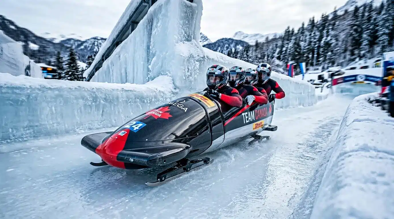 Quatre athlètes canadiens pilotent bobsleigh sur piste glacée