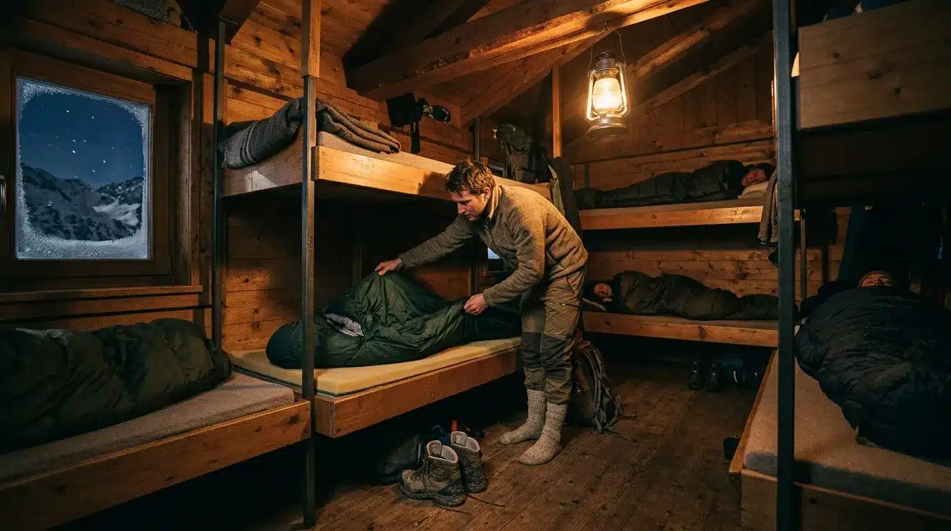 Homme préparant son lit dans un refuge montagnard rustique