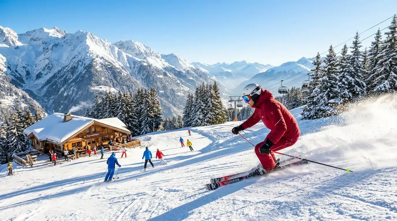 Skieur en rouge dévale pente alpestre enneigée avec montagne