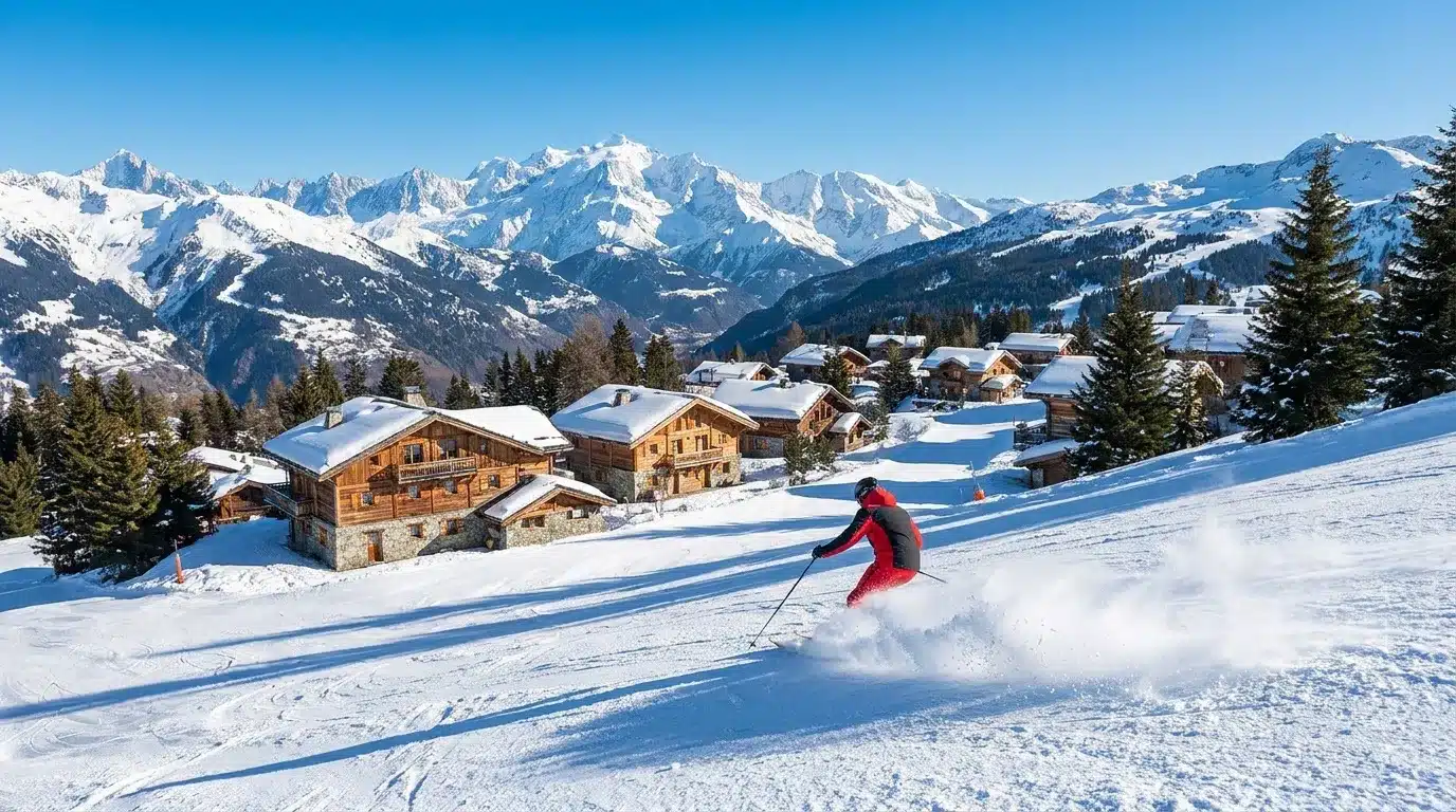 Skieur en rouge dévale piste alpine avec chalets traditionnels