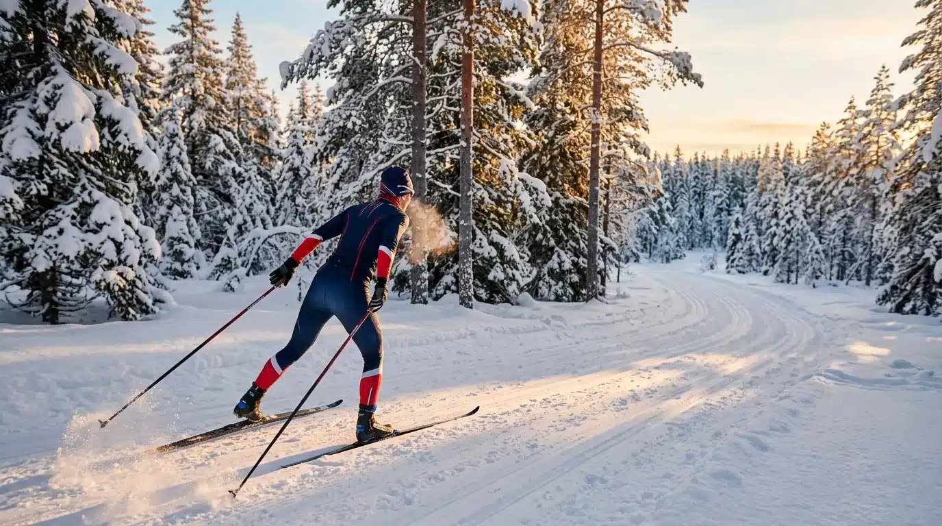 Skieur de fond sur piste enneigée entouré de sapins
