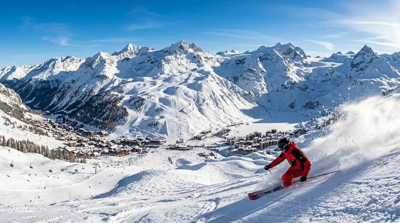 Skieur dévale pente enneigée, station montagne alpestre en arrière-plan