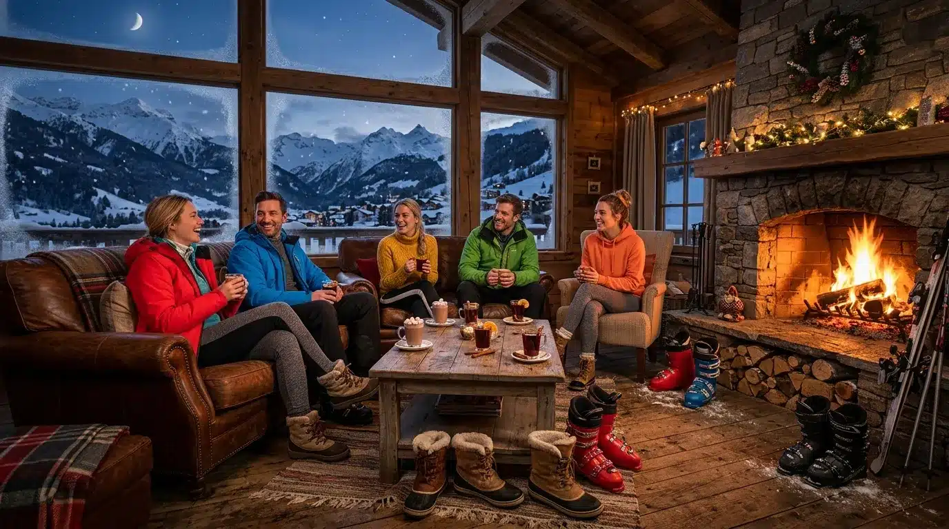 Groupe ami autour feu cheminée montagne enneigée nuit