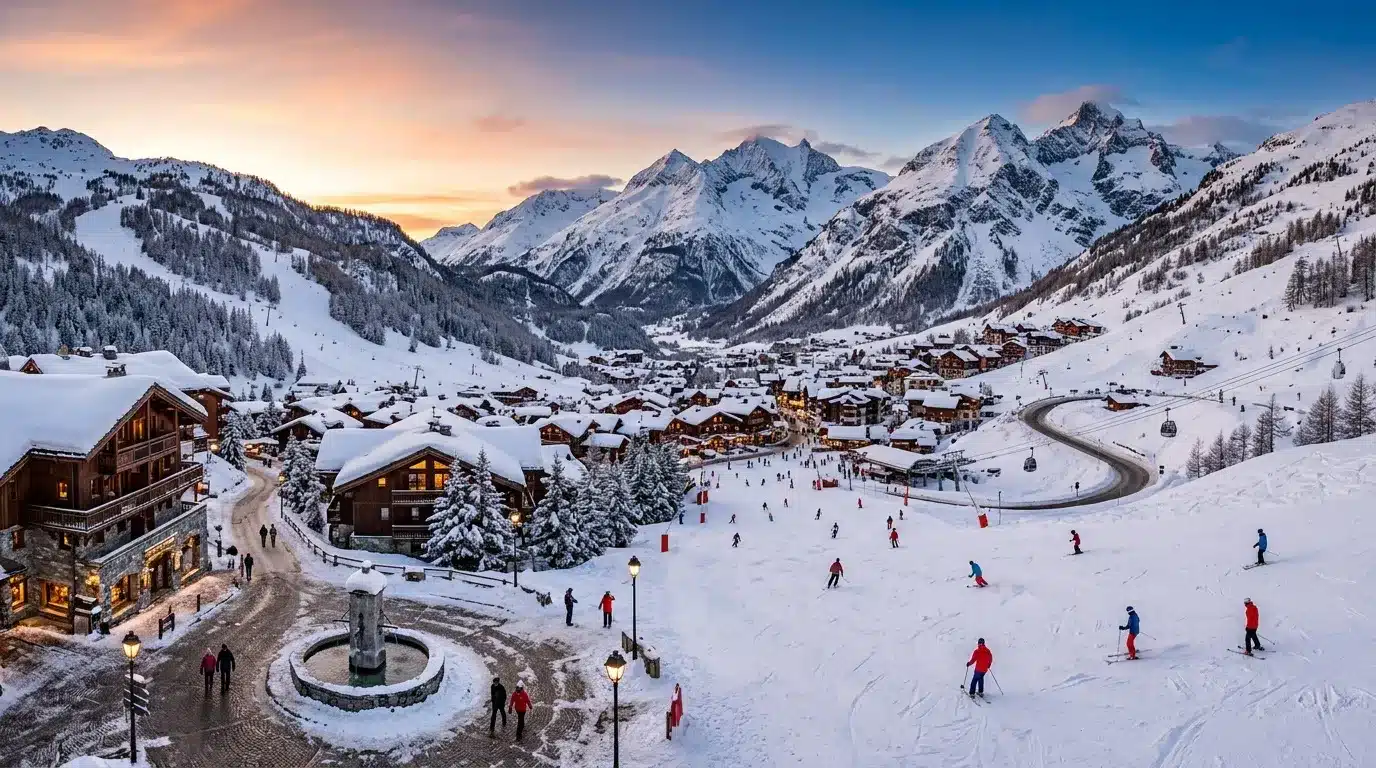 Village montagnard enneigé avec skieurs et chalets traditionnels