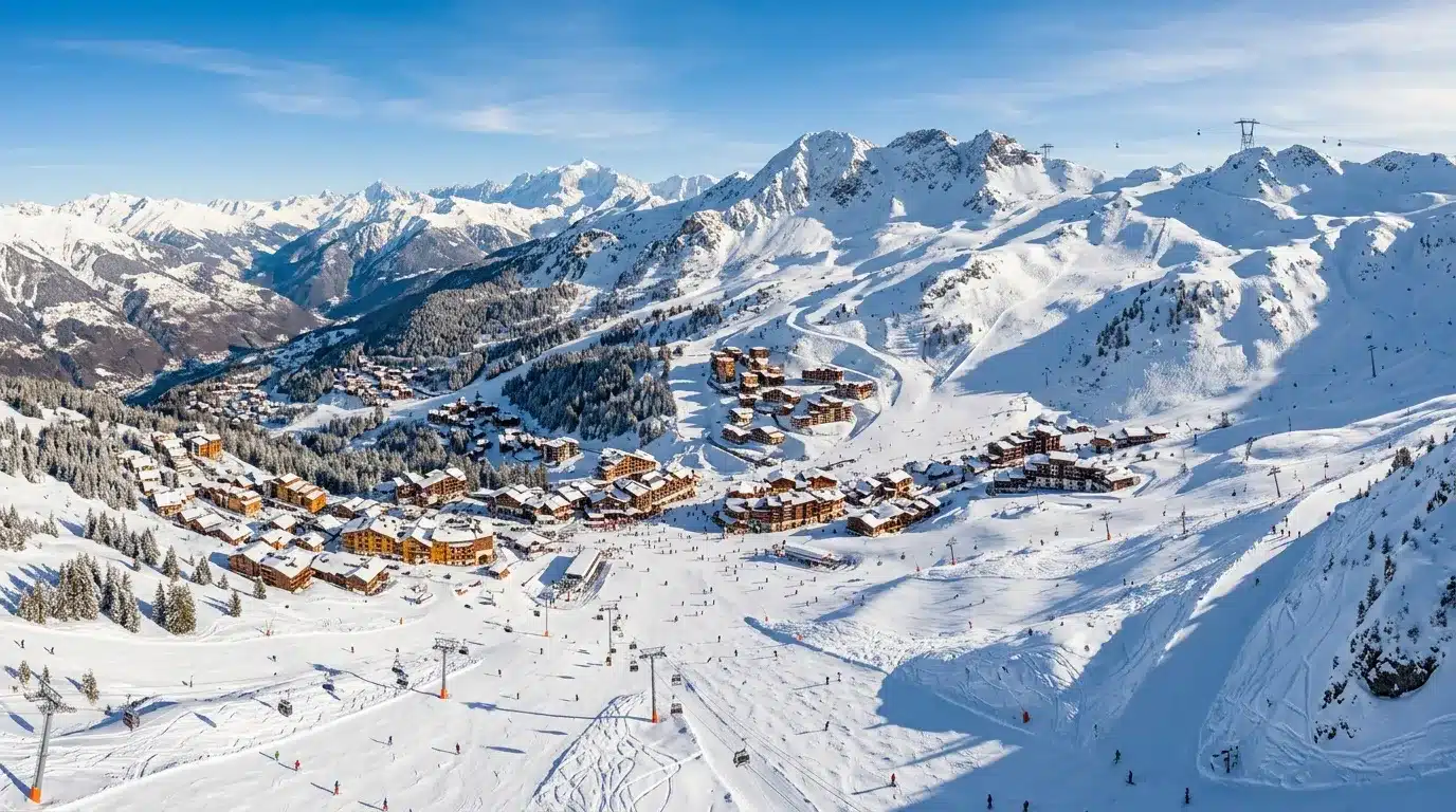 Vue aérienne d'une station de ski avec chalets et pistes enneigées