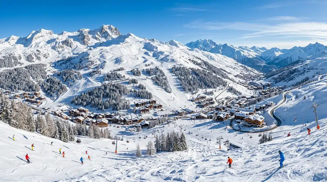 Vue aérienne d'une station de ski avec pistes et chalets enneigés