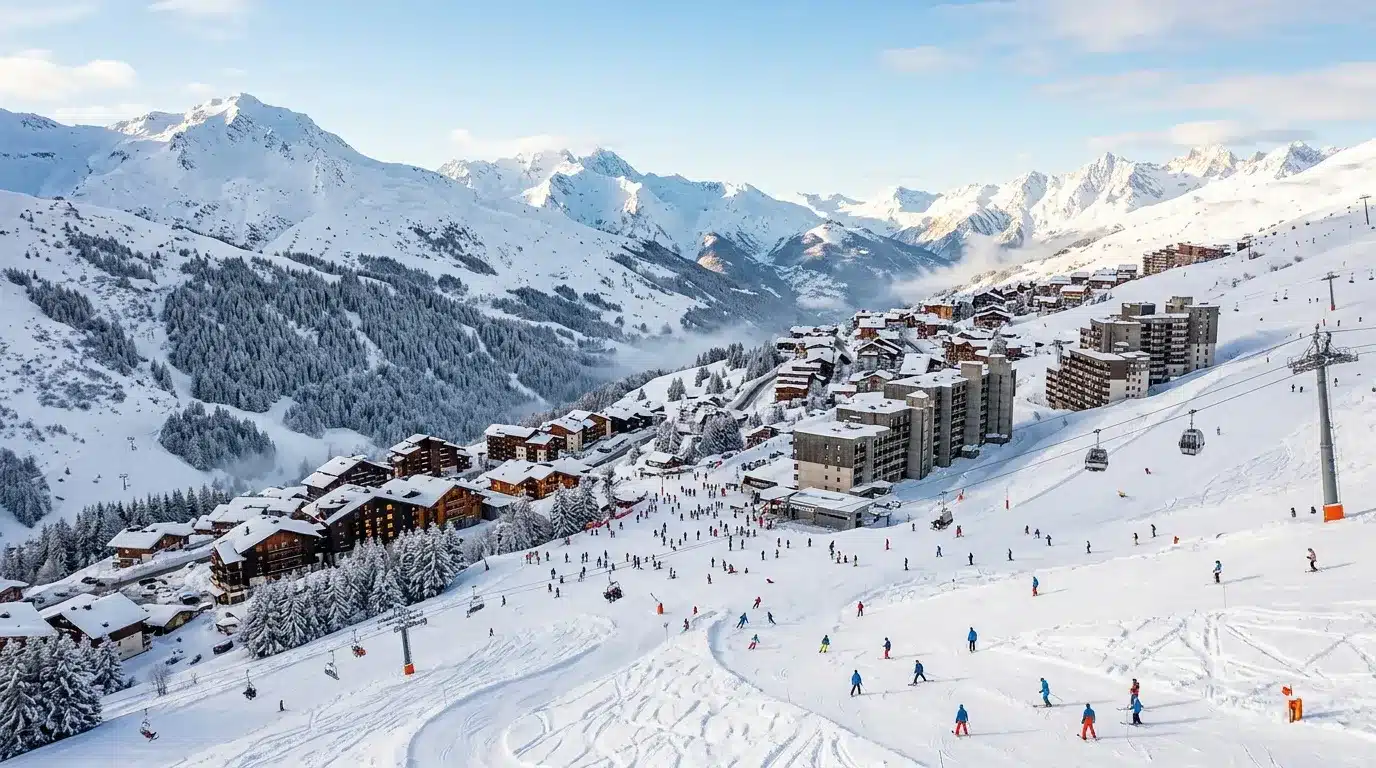 Domaine skiable montagneux avec village et pistes enneigées