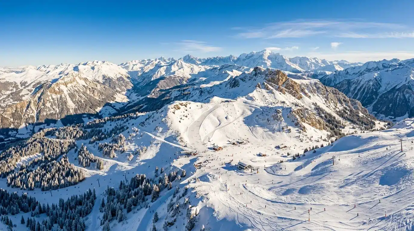 Vue aérienne d'une station de ski dans les montagnes enneigées
