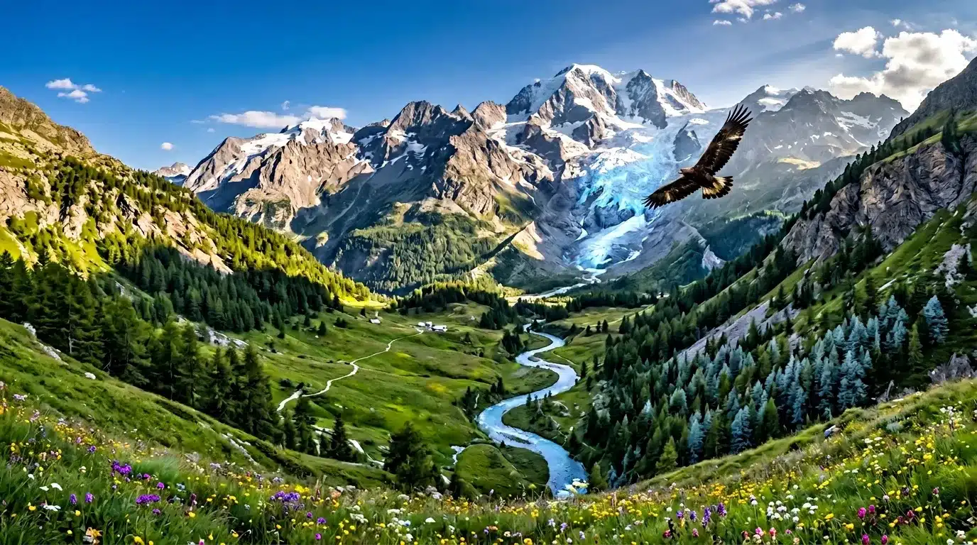 Vallée verte avec rivière, montagnes enneigées et aigle volant