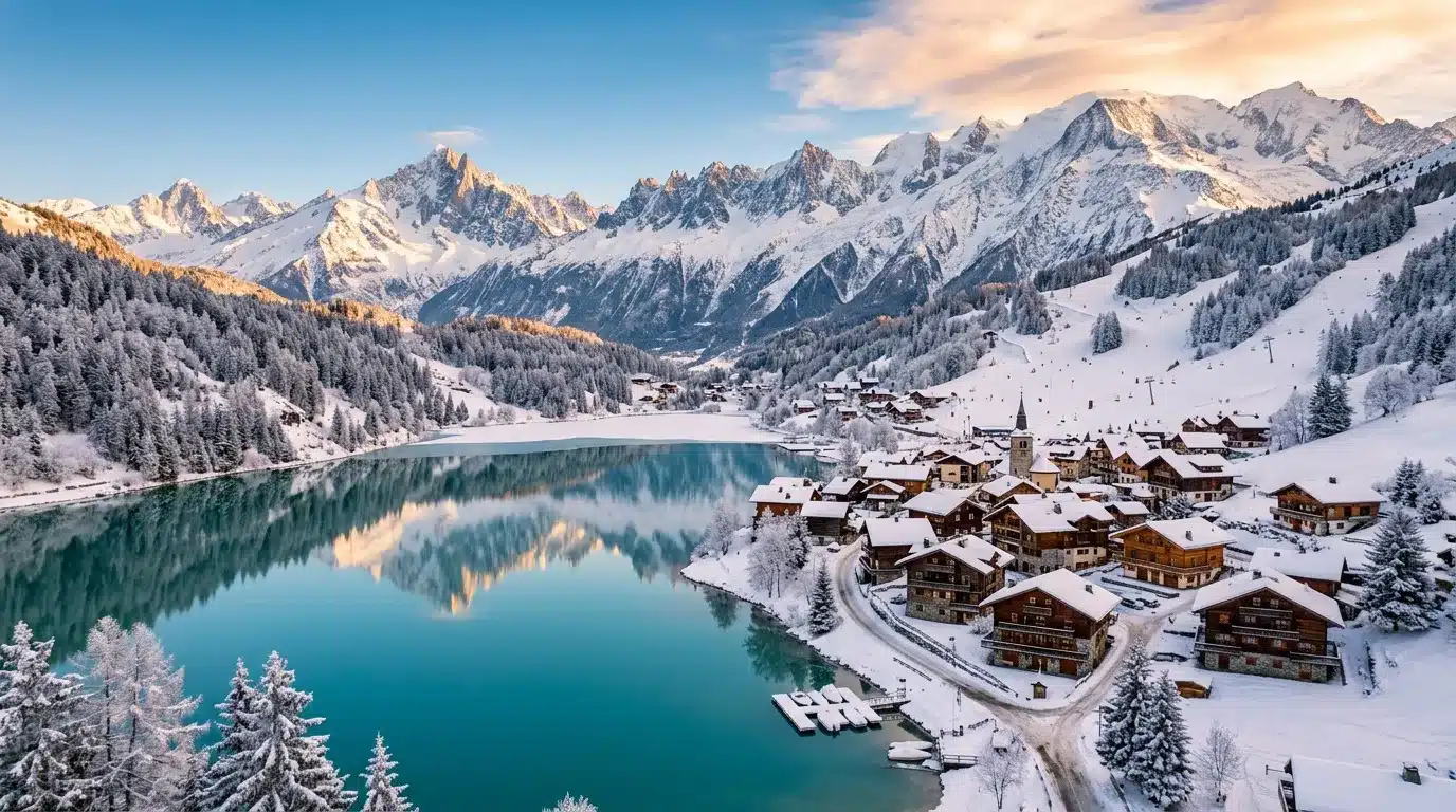 Village montagnard enneigé au bord d'un lac turquoise, montagnes