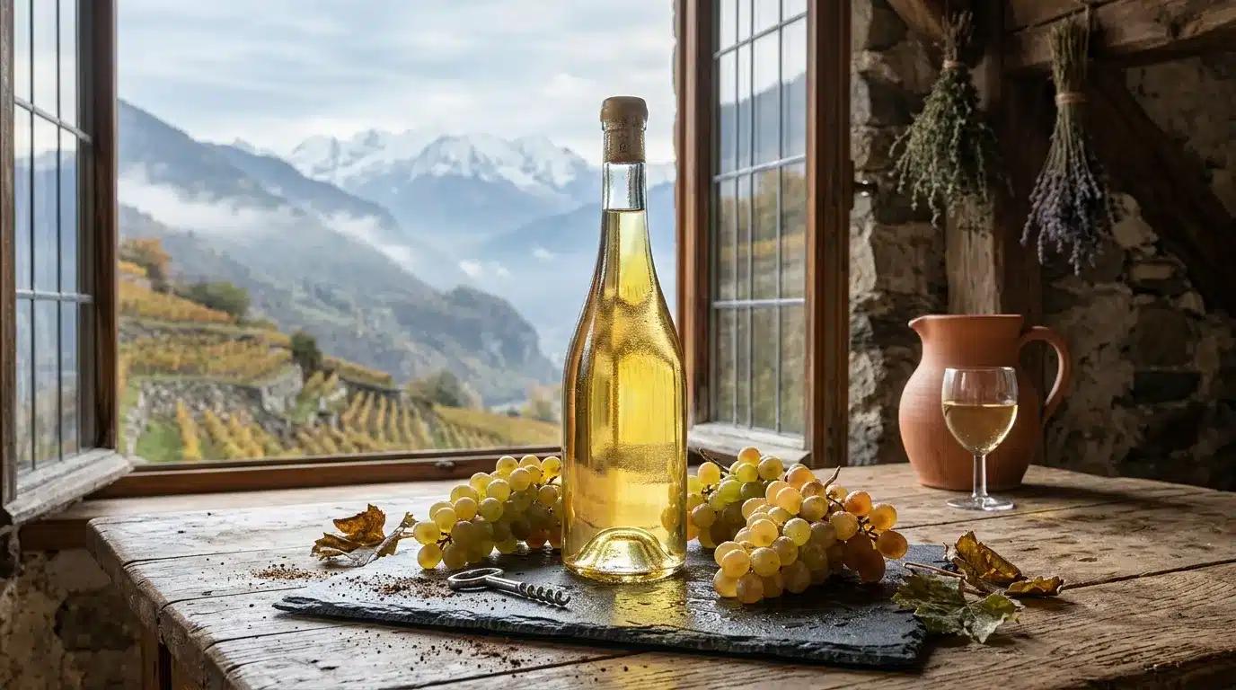 Bouteille de vin blanc avec raisins, vue montagnes enneigées