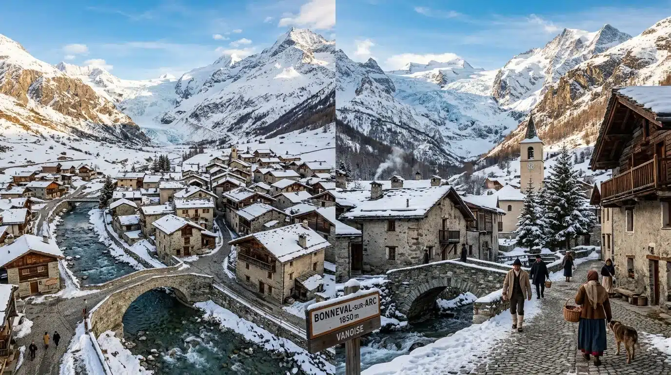 Village montagnard enneigé avec église, pont médiéval et montagnes.