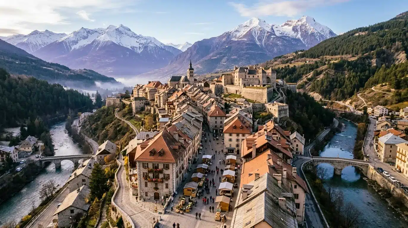 Vue aérienne d'un château médiéval entouré de montagnes enneigées