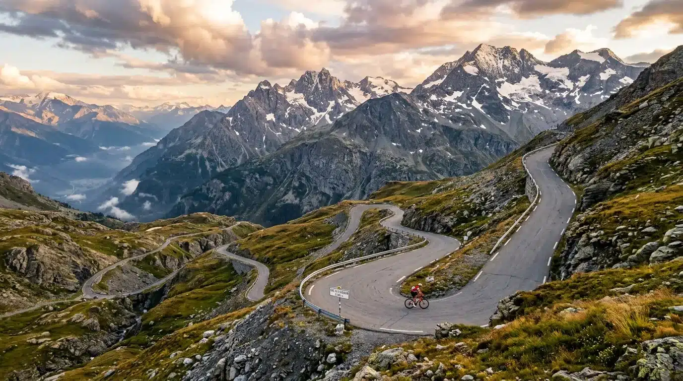 Cycliste sur route sinueuse en montagne alpine avec pics enneigés