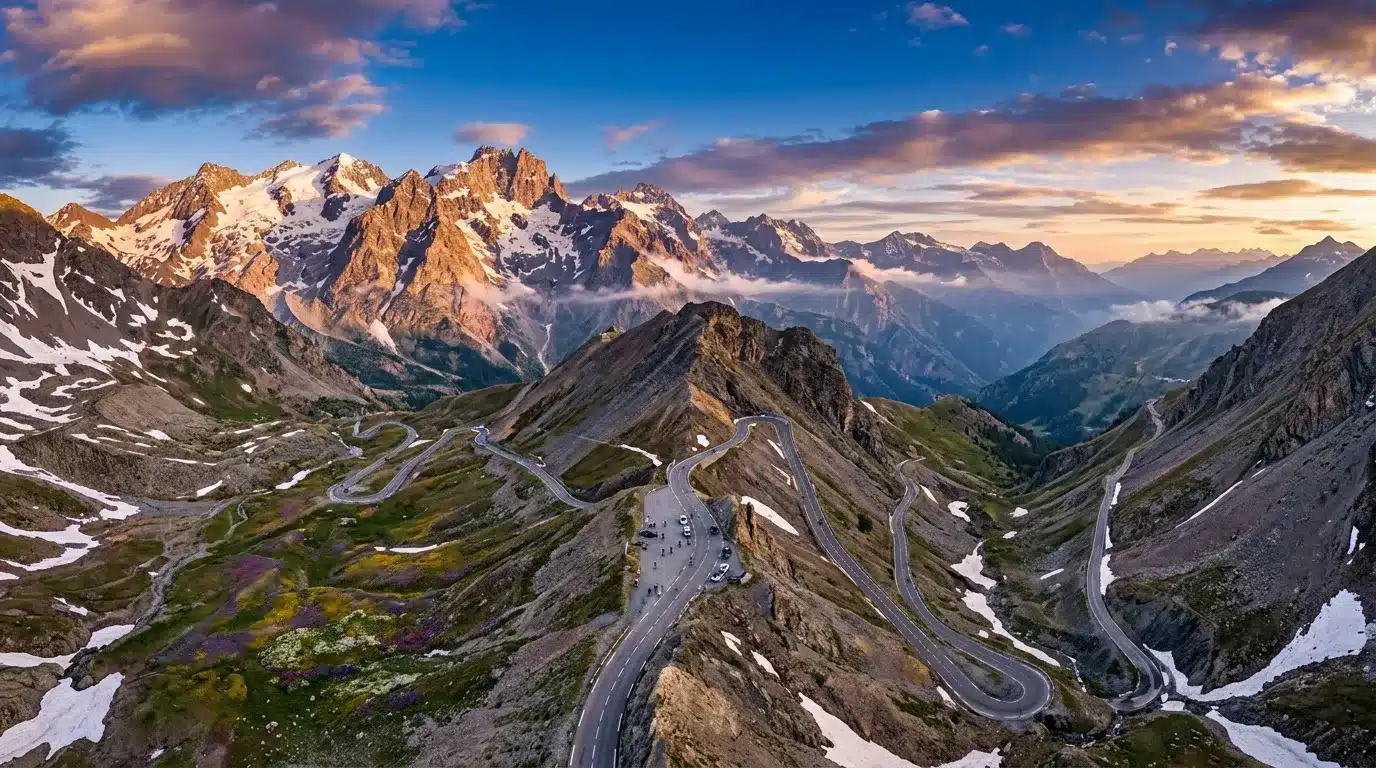 Route en lacets à travers les Alpes suisses avec pics enneigés