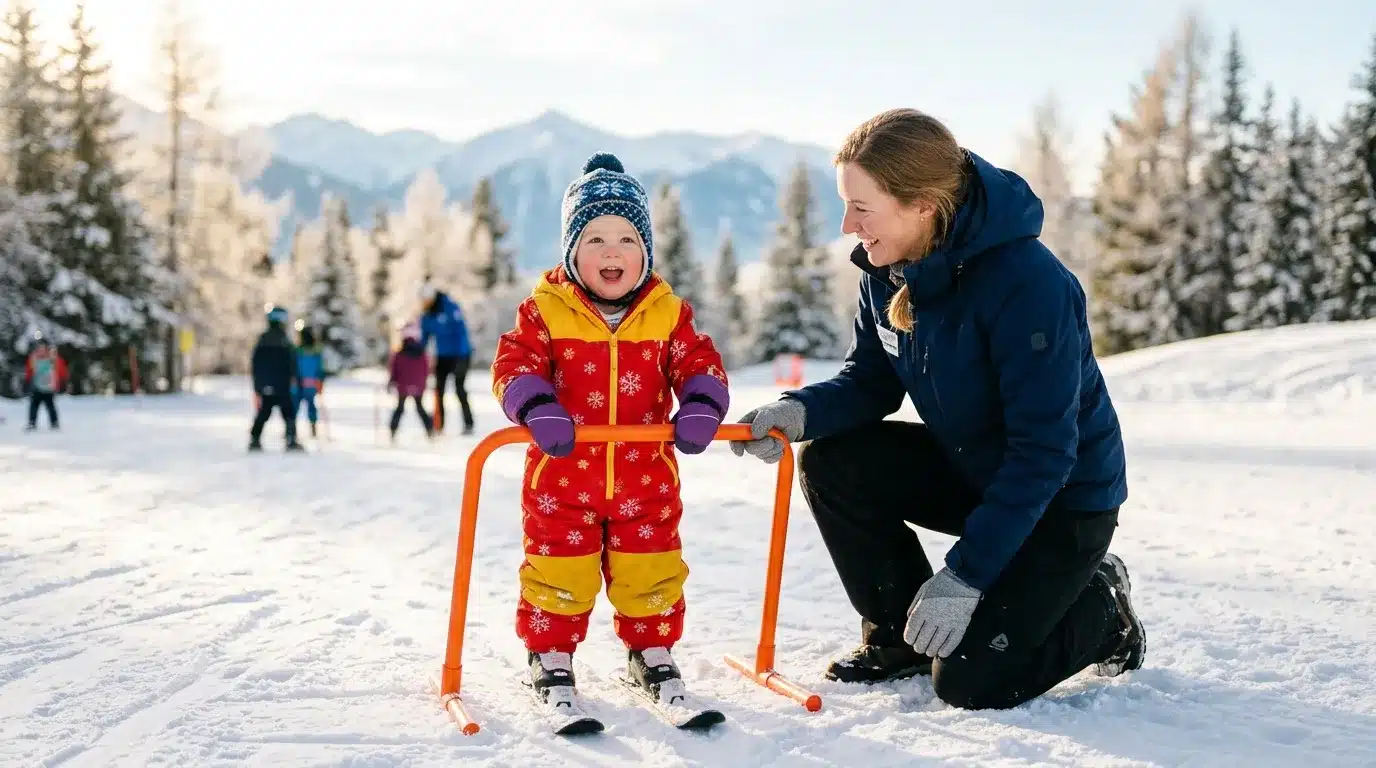 Mère et enfant skient ensemble dans les montagnes enneigées