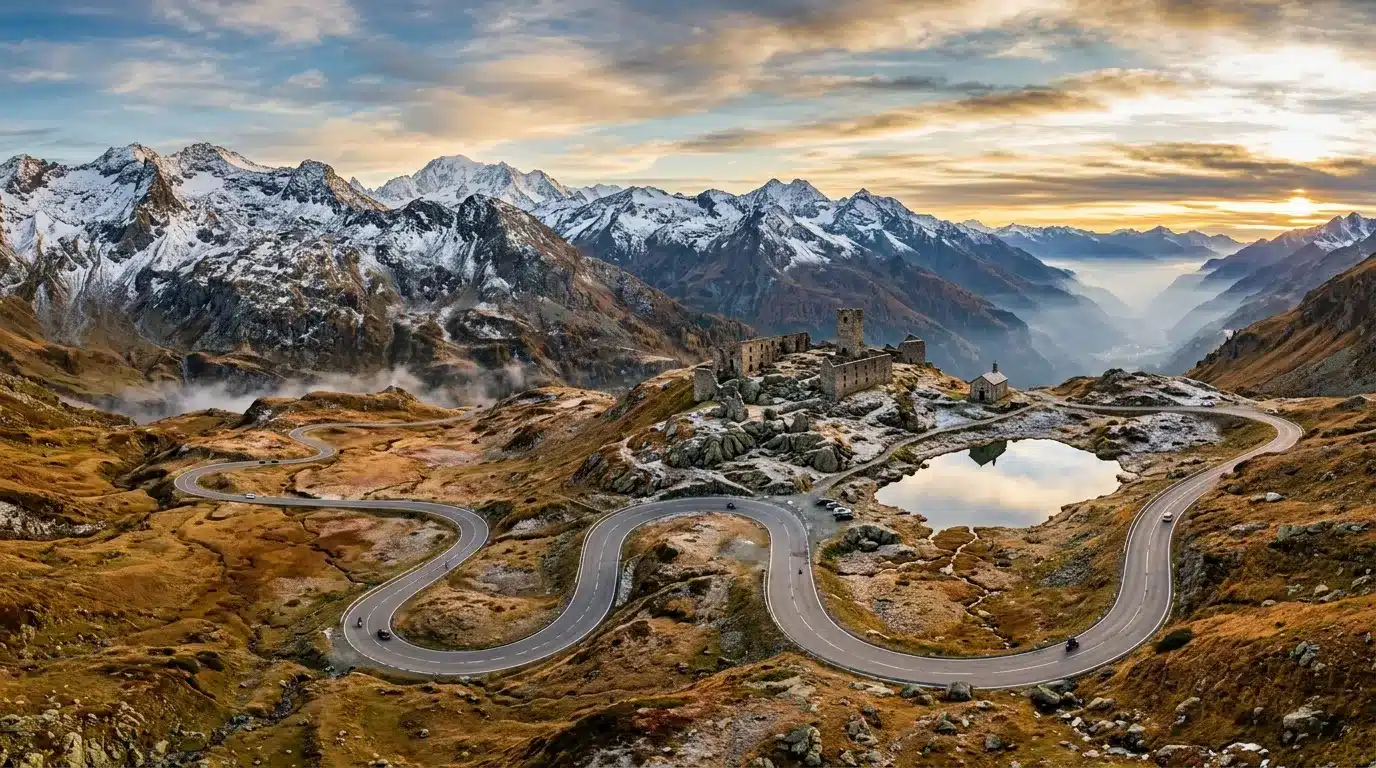 Routes serpentines traversant vallée alpine avec ruines et montagnes enneigées