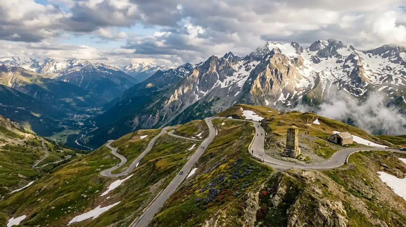 Route en lacets à travers les montagnes enneigées des Alpes