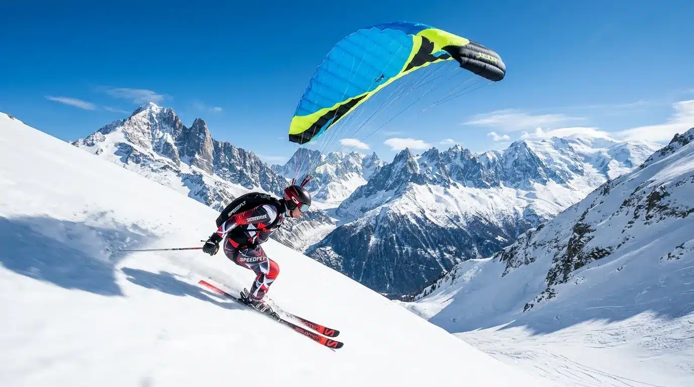 Skieur avec parachute bleu et jaune survolant les Alpes