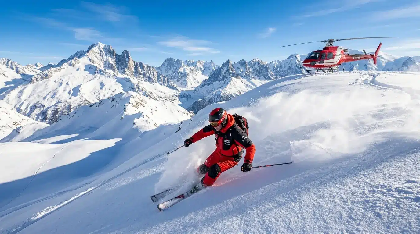 Skieur en rouge descendant pente neigeuse avec hélicoptère rouge