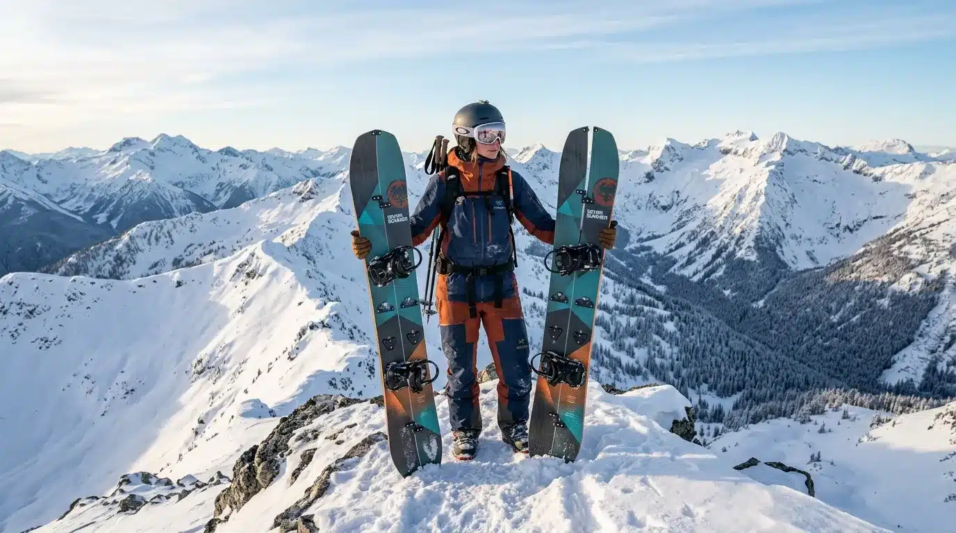Skieur tenant deux skis en sommet montagneux enneigé