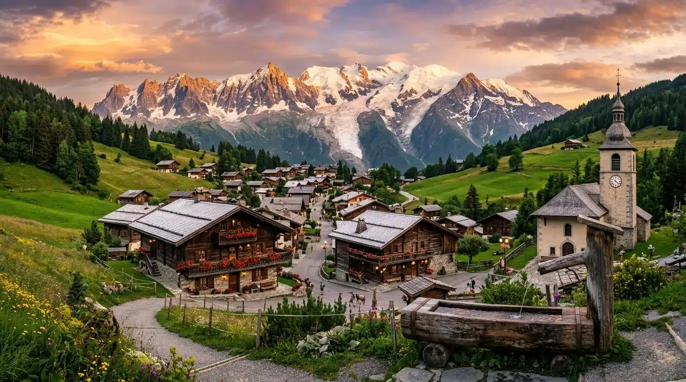 Village montagnard avec église, chalets et sommets enneigés.